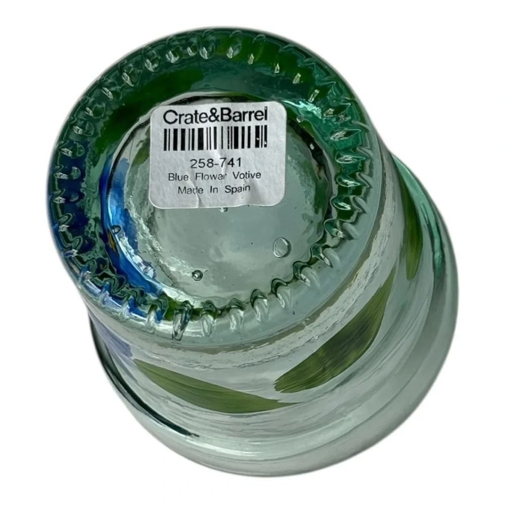 Crate & Barrel Green Glass Votive Tea Light Candle Holder Flower Hand Painted